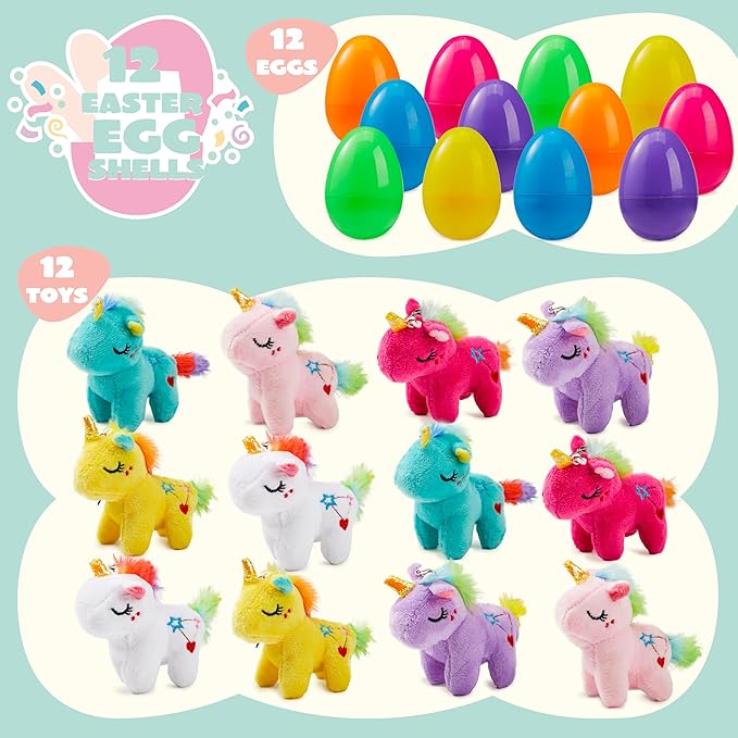 JOYIN 12 Pcs Filled Easter Eggs with Plush Unicorn, Bright Colorful Eggs Prefilled with Variety Plush Unicorn for Kids Toddlers Easter Hunt, Basket Stuffers and Party Favors