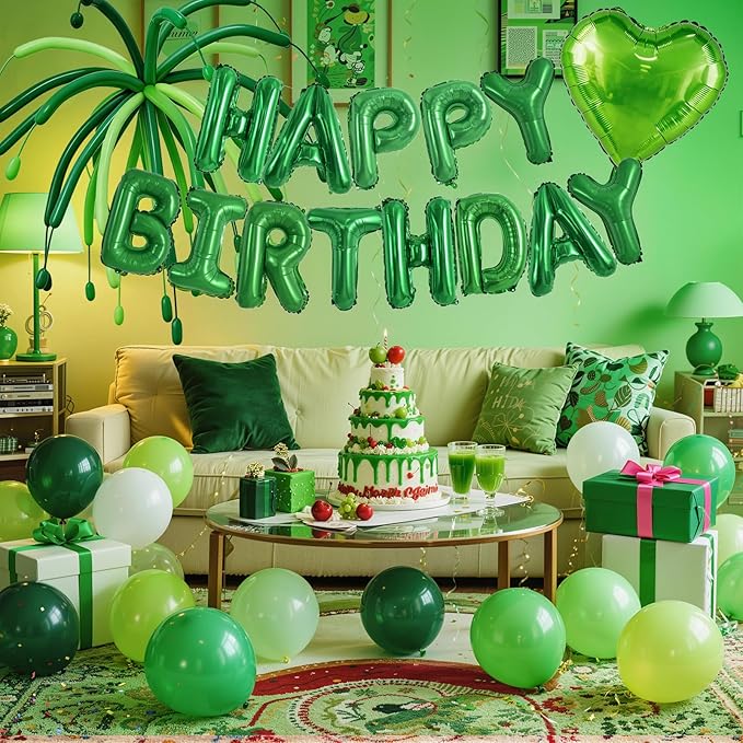Green Happy Birthday Banner Balloon Aluminum Foil 16in Letter, 12in Latex Balloons, 11.8in Long Balloons, 16in Love Heart Aluminum Foil Balloon, Men, Women, Party Decoration Supplies (Green)