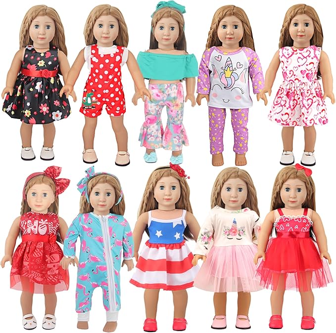 MSYO 10 Sets Doll Clothes for 17 - 18 Inch Dolls, Diverse Outfits (Floral, Polka Dot, Unicorn) & Accessories, Fashion Dress - Up Set for Girl Doll Play & Gifting