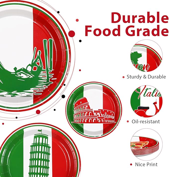 60Pcs Italian Flag Birthday Paper Plates 9" Disposable Heavy Duty Italy Flag Dessert Plates Red White and Green Dessert Plate for Pizza Italian Holiday Family Reunion Dinner Party Decorations ﻿
