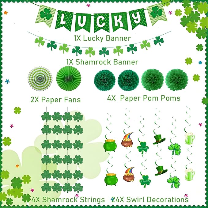 36 Pcs St Patricks Day Decorations Kit with Paper Flowers and Fan, Lucky Banner, Shamrock Garland and Shamrock Hanging Swirls Decor for Home Saint Patrick Party Supplies