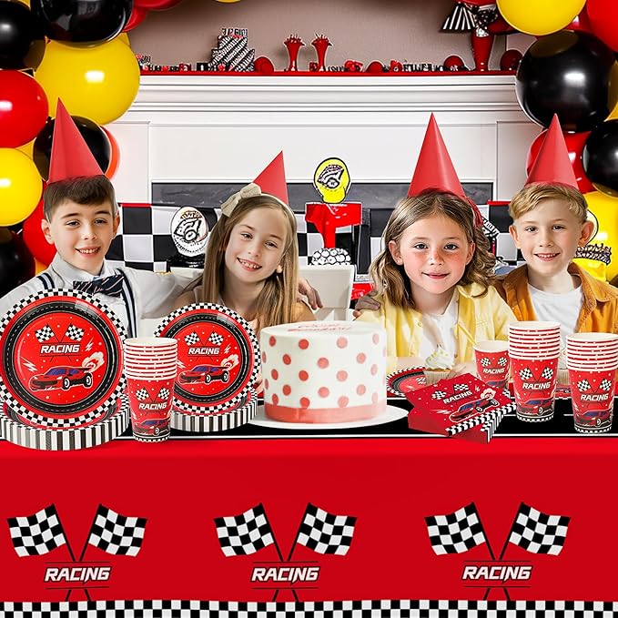 Childom 102 PCS Racing Car Tableware Sets,Race Car Birthday Party Supplies,Disposable Racing Tablecloths,Plates Cups Napkins,Cars Themed Tableware Set for Boys Birthday,Kids Parties,Racing Party Decor