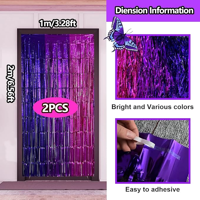 2 Pack Purple Pink Foil Fringe Curtains Streamers Backdrop for Music Themed Party Decorations, Girls Butterfly Birthday Party Decorations Supplies