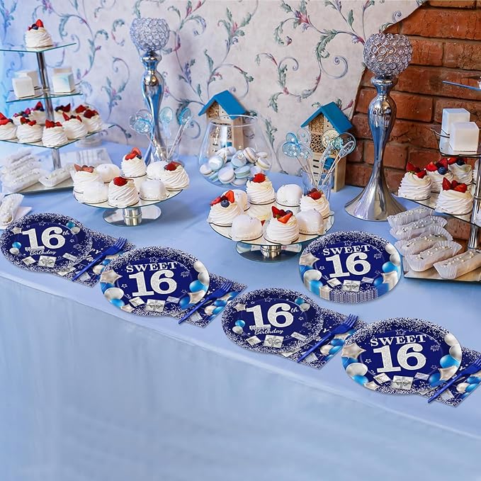 gisgfim 96Pcs 16th Birthday Plates and Napkins Party Supplies Sweet 16 Birthday Party Tableware Set Blue Silver 16th Birthday Decorations Favors for 16 Years Old Boys Girls for 24 Guests