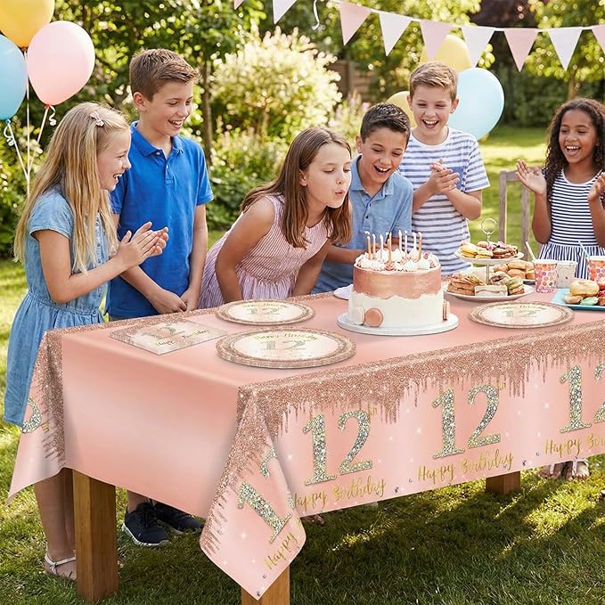 41Pcs 12th Birthday Decorations for Girls Rose Gold 12th Birthday Party Plates and Napkins,Tablecloth Happy 12 Years Birthday Party Tableware Set for 12 Year Old Girls Teenager Party Favor Supplies