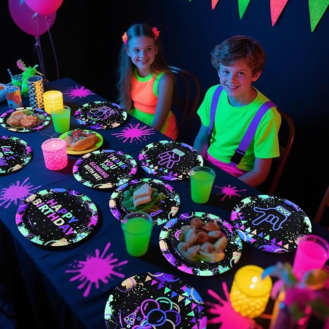 60 Pcs Neon Plates, 9'' Neon Party Decorations Paper Plates for Glow in the Dark Party Supplies Let's Glow Decor