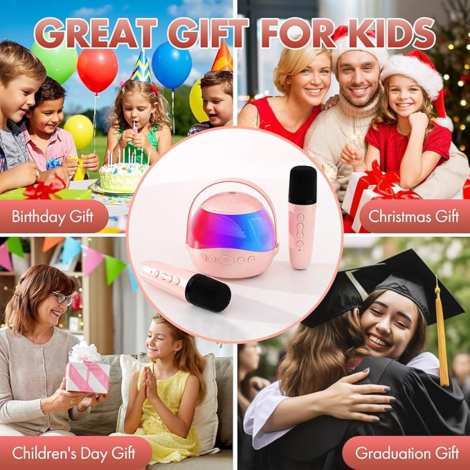 Mini Karaoke Machine Gifts for Kids Adults, Portable Karaoke Speaker with 2 Wireless Microphones, Kids Microphone with Speaker and LED Light, Birthday Gifts for Girls Boys 3-12+ Year Old (Pinkcolor)