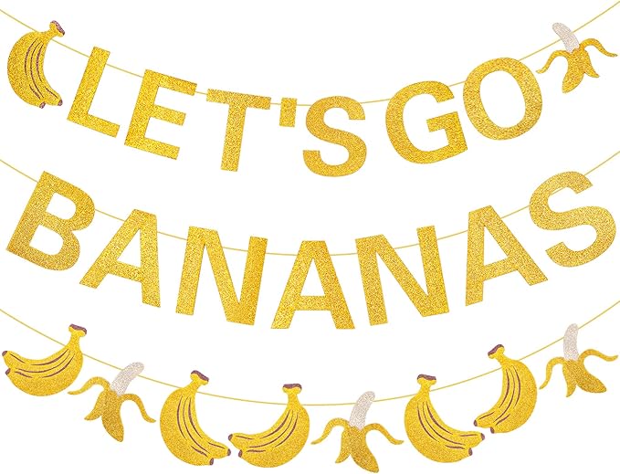 Clabby Pre Strung Banana Birthday Decorations Let's Go Bananas Letter Banner Gold Glitter Fruit Theme Banner for Fruit Birthday Party Baby Shower Supplies