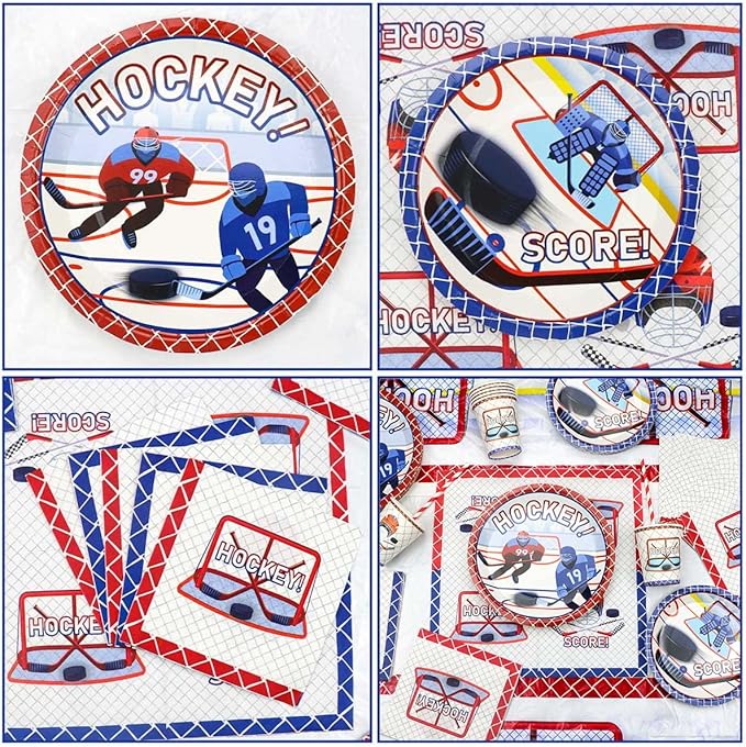 Hockey Theme Party Supplies - 61 Pcs Hockey Plates Napkins Tablecloth Set, for Kid's Hockey Fans Birthday Gameday - Serves 20