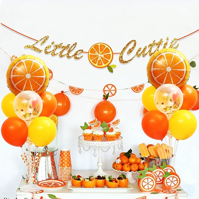 Little Cutie Balloon Stand for Table Centerpiece 2 Sets, 2 Huge Orange Fruit and 14 Orange Yellow Gold Confetti Balloons for Tangerine Theme Birthday Party Baby Shower Decorations