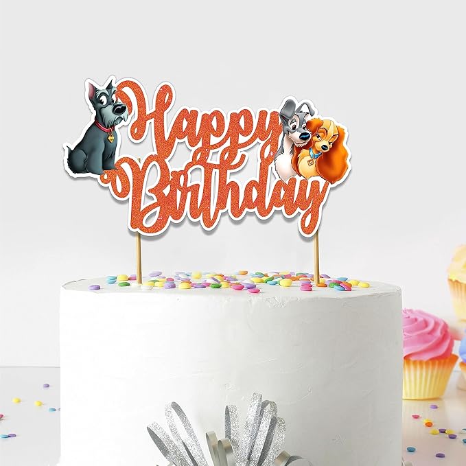 "Lady and the Trmp Happy Birthday Cake Topper – Inspired Theme Party Decoration for Girls and Adults – Glitter Cake Topper for Birthday Cake & Dog Theme Party Supplies, Cartoon Character Party Décor"