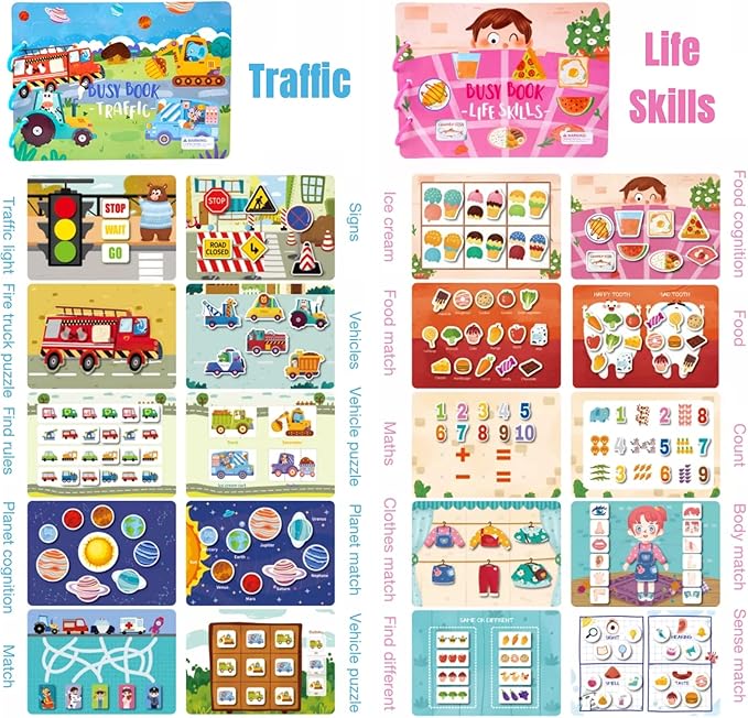4 Pack DIY Montessori Busy Book for Toddlers, Montessori Quiet Book for Kids, Vehicle Life Skill Farm Dinosaur Preschool Learning Activities Learning & Education Toys