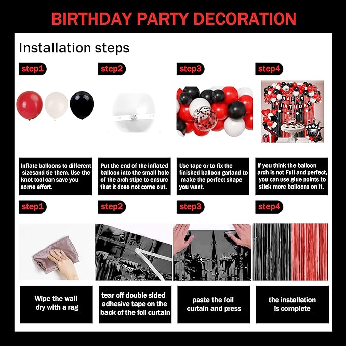Red And Black Birthday Decorations for Women,Fringe Curtains Happy Birthday Banner,Red balloons,Cake Toppers for girls