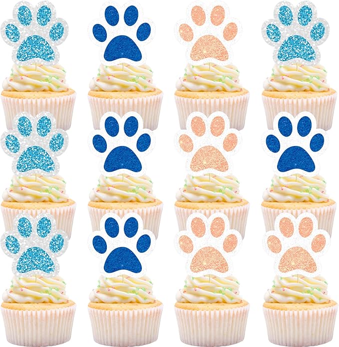 36 Pcs Paw Cupcake Toppers Glitter Dog Paw Cake Decorations 3 Colors Glitter Puppy Cupcake Toppers for Baby Shower Boys Girls Birthday Party Cake Supplies (Light Blue Blue and Orange)