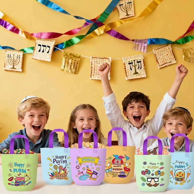 Purim Coloring Goodie Bags for Kids - 24Pcs Happy Purim Color Your Own Gift Bags with Handle Carnival Themed Reusable Non Woven Coloring Tote Packet for DIY Painting Jewish Party Spring Holiday Favor