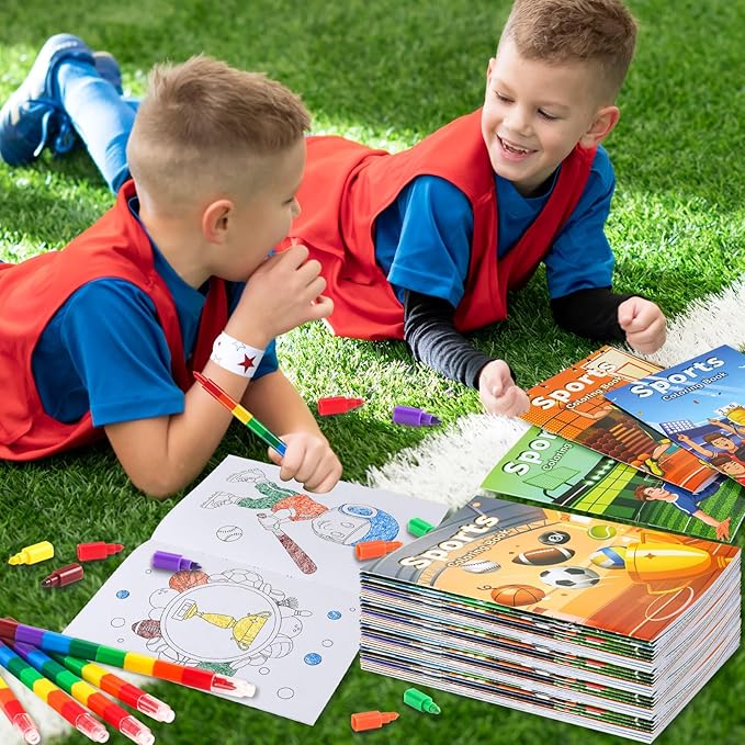 BenLouis 24 Pcs Sports Mini Coloring Books Kids Football Basketball Soccer Baseball Party Favors Small Activity Books Bulk for Kids Sports Birthday Goodie Bags Stuffers Return Gifts Classroom Travel