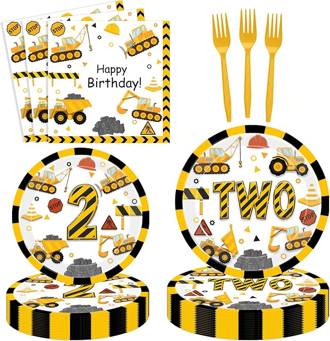 51 Pcs Construction 2nd Birthday Party Supplies Dump Truck Two Years Old Tablecloth Paper Plates Napkins Forks Dinnerware for Construction 2nd Birthday Party Supplies Decorations