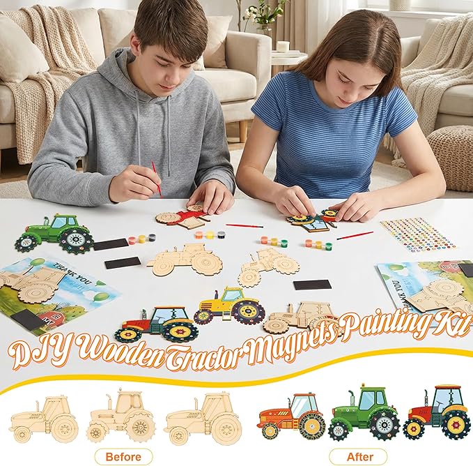 Bafeil 24 Sets Tractor Party Favors, DIY Wooden Painting Crafts Kit with Magnets, Tractor Birthday Party Supplies, Farm Theme Party Decorations Goodie Bags Gifts Stuffers Prizes