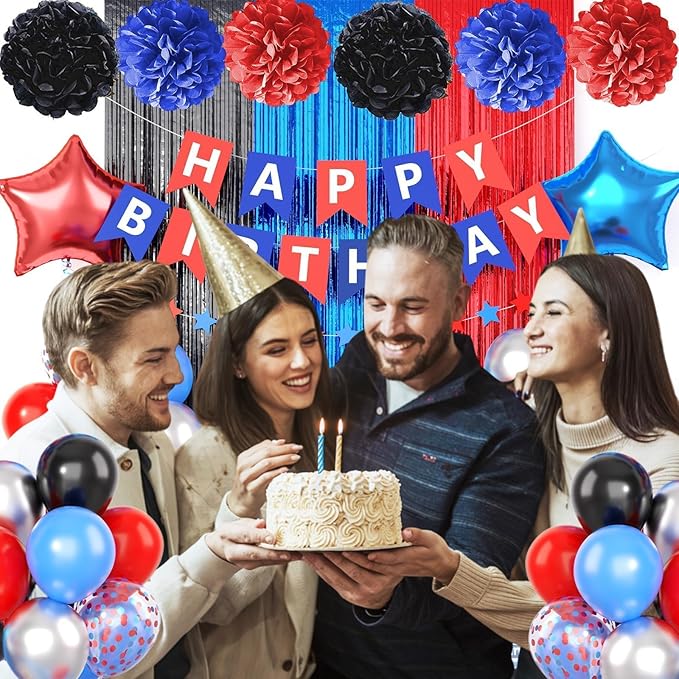 Black Red Blue Birthday Decoration,Red Blue Party Decorations Include Red Blue Black Balloons Happy Birthday Banner Fringe Curtain Tissue Paper Pompoms Garland