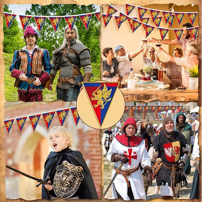 6 Pcs 72 ft Medieval Fantasy Pennant Banner with Lion Design Medieval Party Decorations Hanging Party Bunting Banner Garden Triangle Flag for Castle Theme Festival Birthday Decor