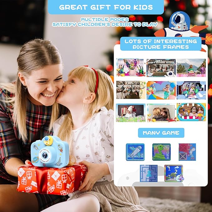 Kids Camera, Christmas Birthday Gifts for Children Age 3-8, HD Digital Video Cameras for Children, Portable Toy for 3 4 5 6 7 8 Year Old Kid with 32GB SD Card and Cute Children's Camera Bag (Blue)