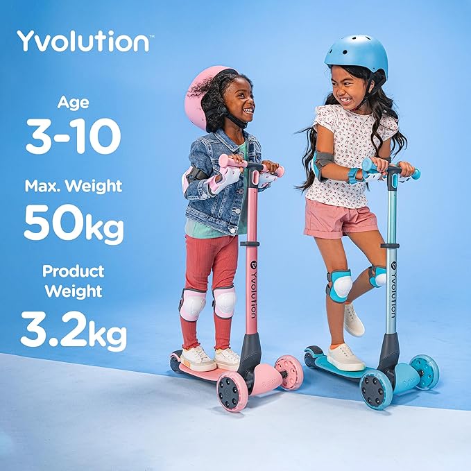 Yvolution Y Glider Nua 3-Wheel Kids Scooter – Adjustable Height, Arc-Folding Handlebar, LED Light-Up Front Wheels, Extra-Wide Deck, Ages 3-10