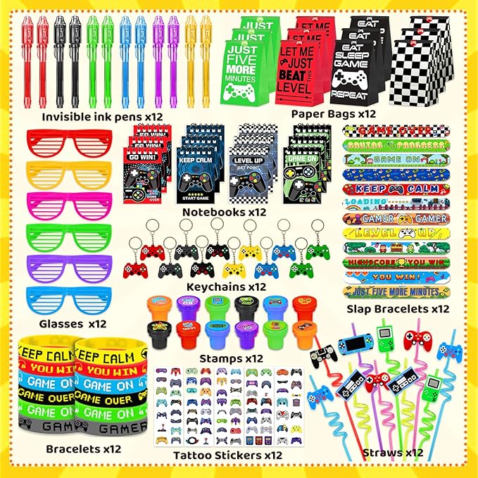 120 PCS Video Game Party Favors, Gamer Gaming Party Favors - Glasses Invisible Ink Pens Notebooks Drinking Straws Stamps Tattoo Stickers Gift Bags for Game On Birthday Parties Favor Supplies