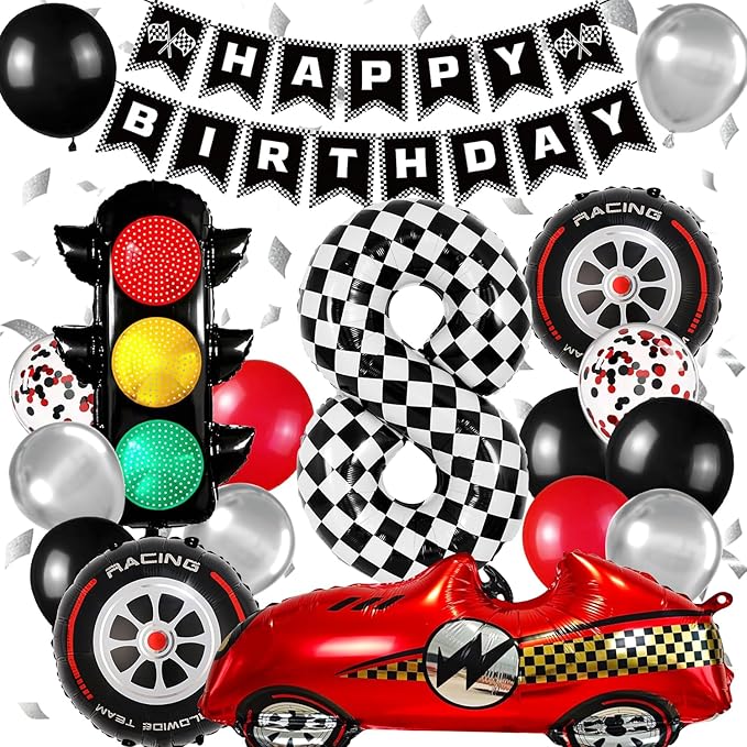 Race Car Birthday Party Decorations, with 40 Inch Number 8 Balloon, Happy Birthday Banner, Traffic Light and Foil Tire Balloon for 8th Car Themed Birthday Party Supplies