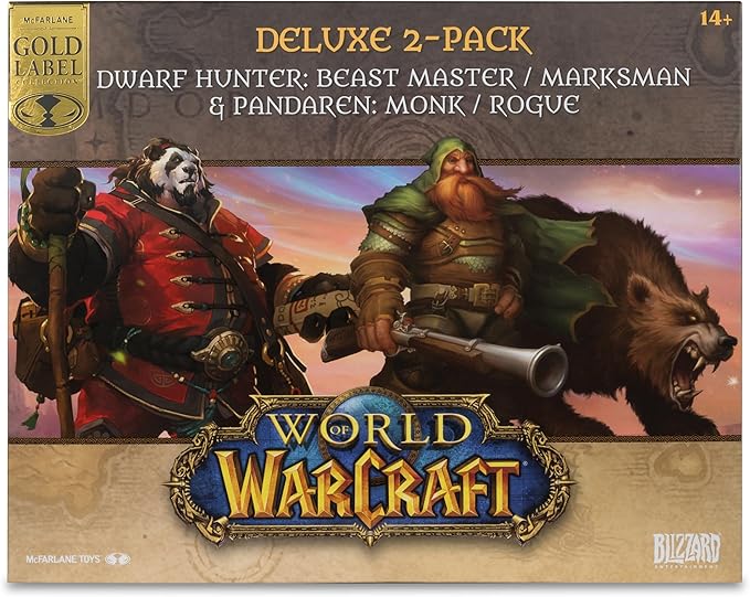 McFarlane Toys - World of Warcraft Dwarf Hunter: Beastmaster & Marksman and Pandaren: Monk & Rogue 1:12 Scale Posed Figure Deluxe 2pk Gold Label
