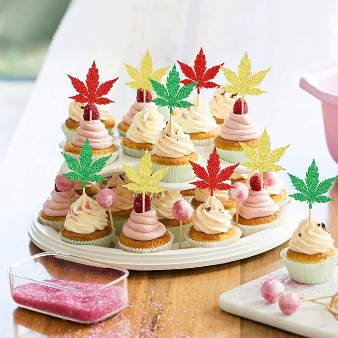 Ercadio 24 Pcs Green Red Glitter Marijuana Cupcake Topper Have a Dope Theme Decor Supplies Man Woman Happy Birthday Party Decorations Supplies