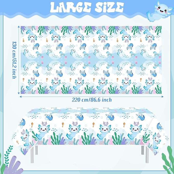 Axolotl Plastic Party Tablecovers - 3-Pack Blue Cartoon Axolotl Table Cover Decorations Disposable Waterproof Rectangle Plastic Tablecloths Rectangle Kids Birthday Baby Shower Camping Events