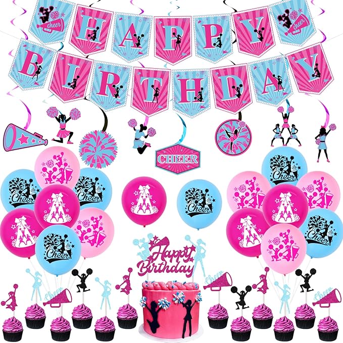 Cheerleading Party Decorations for Girls - Hot Pink Blue Happy Birthday Banner, Cake Topper, Hanging Swirls, Balloons for Cheer Gymnastics We've Got Spirit Party Supplies