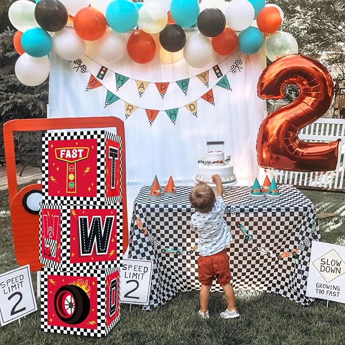 TONIFUL Race Car 2nd Birthday Party Supplies Red Yellow Black Balloon Box with Letters，Fast Two Theme Two Years Old Birthday Party Favors for Kids Baby Shower Second Birthday Decoration