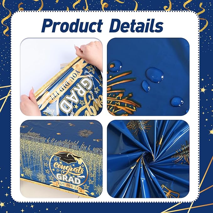 Staraise 3 Pcs Graduation Tablecloth for Graduation Decorations 2026 - Plastic Blue and Gold Congrats Grad Table Cloth,Disposable Graduations Table Cover for 2026 Grad Party Decorations,51.2x86.6inch