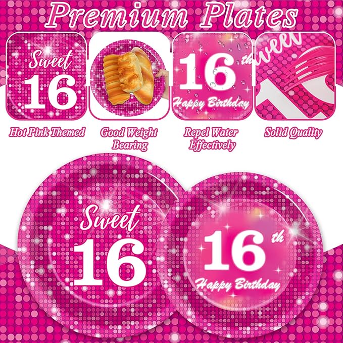 96Pcs Hot Pink Disco Birthday Party Supplies Sweet 16 Paper Plates and Napkins Hot Pink 16th Iridescent Tableware Decoration for Girls Happy 16 Years Old Princess Disco Themed Party Favors Serves 24