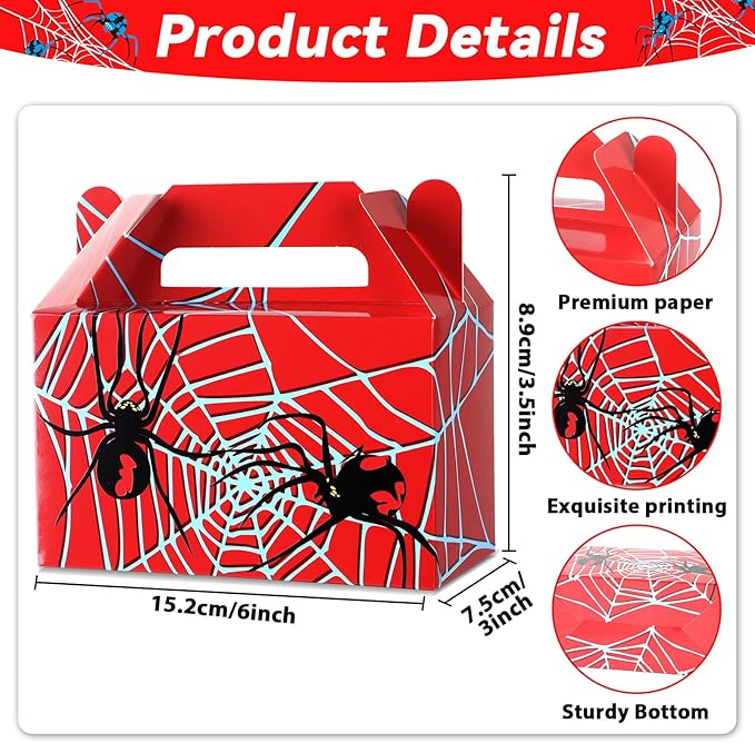 24Pcs Spider Party Favors Boxes Spider Web Paper Treat Box Birthday Supplies Red Blue Black Color Goodie Gift Boxes for Kid Boy Birthday Baby Shower Game Party Table Decoration 6 x 3.5 x 3 inches