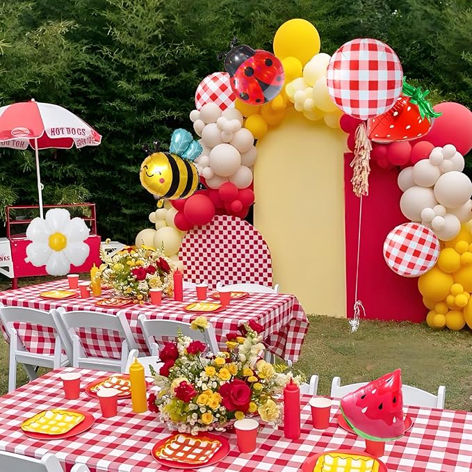 8pcs Picnic Balloons Gingham Balloons Picnic Party Decoration BBQ Themed Party Decorations Gingham Party Birthday Summer Picnic BBQ Party Decor Ladybug Balloon Strawberry Decor