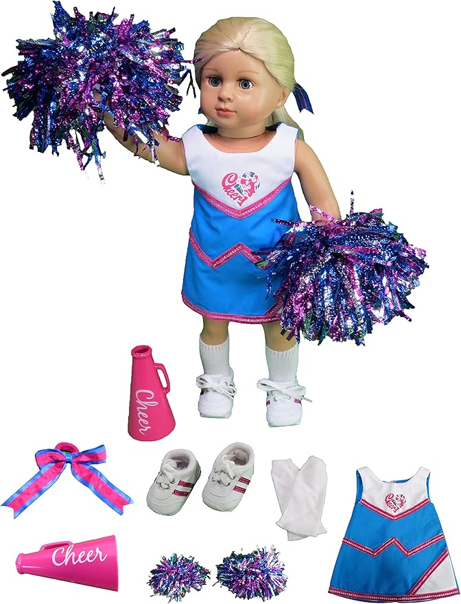 American Fashion World Pink and Blue Cheer Uniform for 18-inch Dolls| 6 Piece Set | Premium Quality & Trendy Design