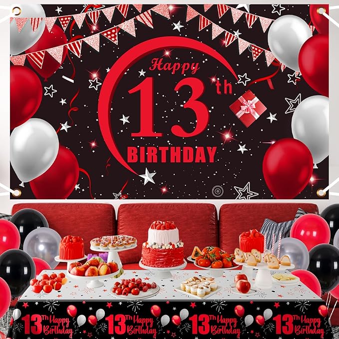 13th Birthday Decorations for Boys Girls Red and Black, Happy 13th Birthday Backdrop Banner, 13th Teenager Birthday Balloons Triangle Flag Tablecloth, 13 Year Old Boy Girl Bday Party Supplies