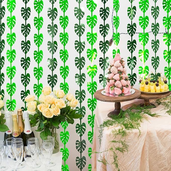 3 Pack Jungle Leaf Foil Fringe Curtain for Jungle Party Decorations, 3.3x6.6Ft Safari Theme Leaf Tinsel Streamer Backdrop, Photo Booth Prop Zoo Animal Birthday Party Supplies Baby Shower Favors