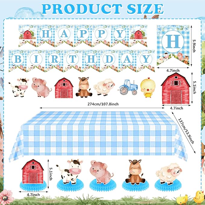 Blue Farm Animals Birthday Party Decorations for Boys Barnyard Baby Shower Supplies Set Includes Happy Birthday Banner Garland Tablecloth Honeycomb Centerpieces Watercolor Cow Pig Sheep Tractor Decor