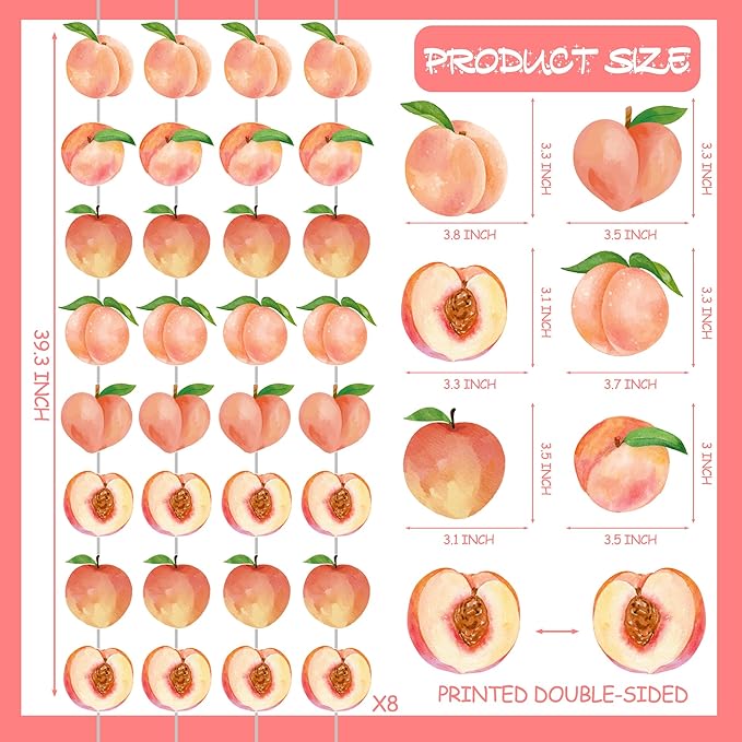 Peach Birthday Party Supplies 8PCS Peach Garlands Sweet as a Peach Decorations Fruit Theme Paper Hanging Garland Banners for Sweet Little is on The Way Baby Shower Wedding Decor