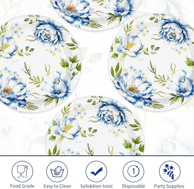 50Pcs Spring Flowers Floral Paper Plates 10 Inch Heavy Duty Disposable Spring Blue Floral Peony Party Decorations Spring Flowers Themed Plates for Wedding Boho Picnic Birthday Dinner Party Supplies