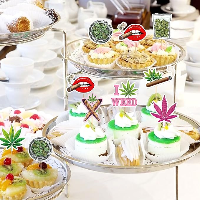 Ercadio 32 PCS Dope Happy Birthday Have a Dope Birthday Cupcake Toppers Pot Leaf Weed Leaves Cupcake Picks Green Marijuana Dope 420 Themed Party Supplies