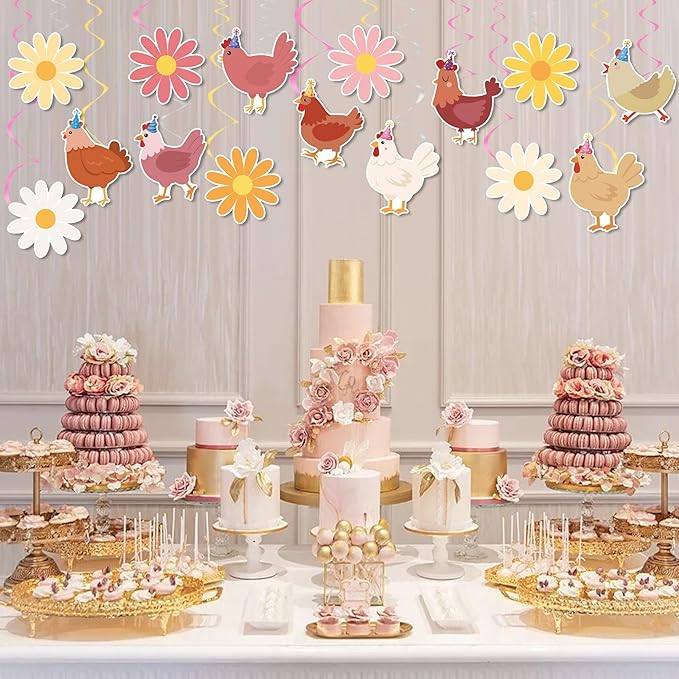 Chicken and Daisy Hanging Swirls Chicken Birthday Decorations 20PCS Daisy Chick Ceiling Hanging Decor Farm Animals Streamers for Boys Girls Boho Floral Hen Baby Shower Party Supplies