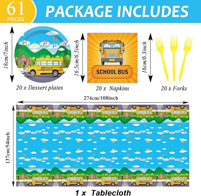 61 Pcs School Bus Party Supplies Back to School Birthday Tableware Set Bus Plates Napkins and Tablecloth Transportation Themed Decorations for Preschool Kindergarten Baby Shower Serves 20 Guests