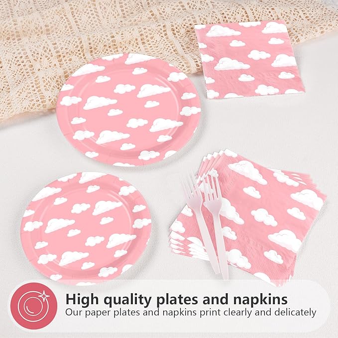 96 Pcs Pink Sky White Clouds Party Supplies Cartoon Story Plates and Napkins Disposable Clouds Theme Tableware Set for Girls Birthday Baby Shower Party Decorations Serves 24