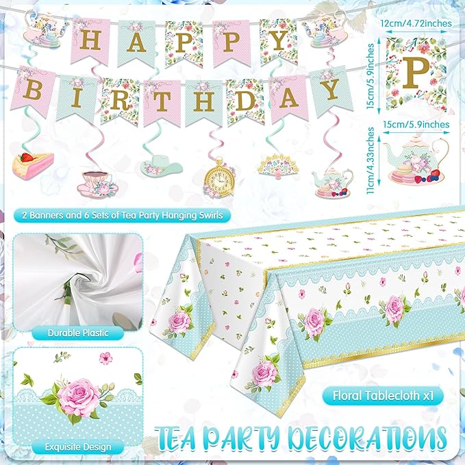 106 Pcs Tea Party Supplies for 12 Guests Include Plates Tea Cups Saucers Napkins Cupcake Stand Tablecloth Banners Floral Tea Party Tableware Set for Girls Birthday Baby Shower Party Favors