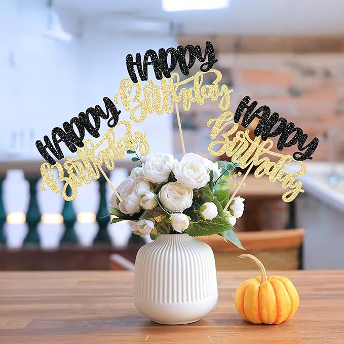 Gyufise 12Pcs Happy Birthday Centerpieces Sticks Double Sided Glitter Birthday Party Decorations Anniversary Table Flower Centerpiece for Celebrating Party Supplies Black Gold