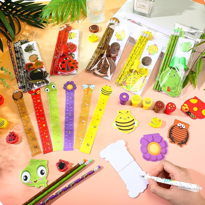 168 Pcs Insect Party Favors Set Bee Ladybug Frog Snail Mushroom Flower Theme Stationery Kit with Pencils Notepads Stampers Rulers Erasers Stickers Gift Bags Bug Party Supplies for Birthday